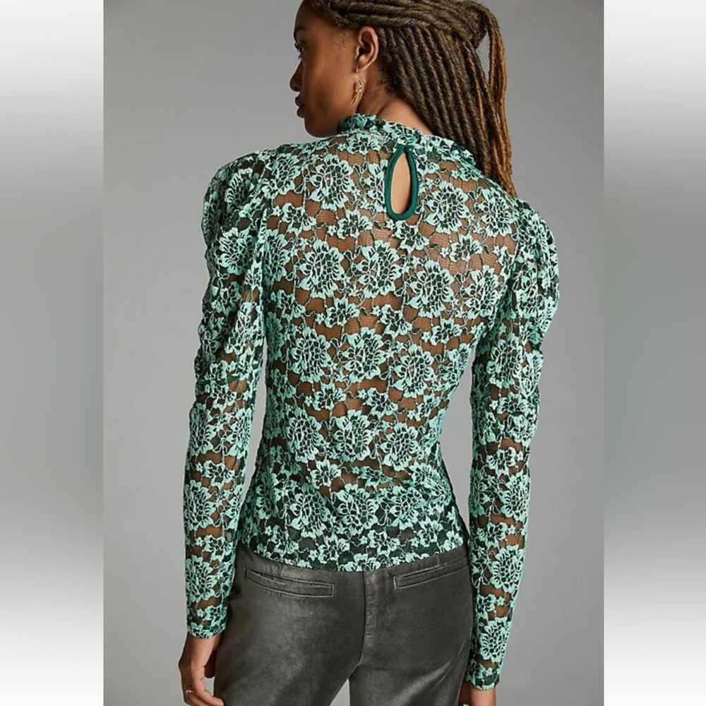 Anthropologie Mint Green Floral Lace Long-Sleeve Mock Neck Top - Picture 3 of 10